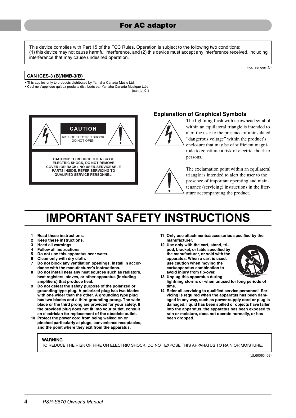Important safety instructions, For ac adaptor, Explanation of graphical symbols | Yamaha PSR-S670 User Manual | Page 4 / 108