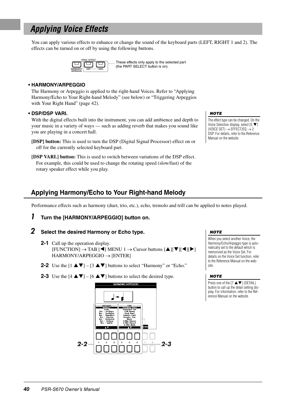 Applying voice effects, Applying harmony/echo to your right-hand melody | Yamaha PSR-S670 User Manual | Page 40 / 108
