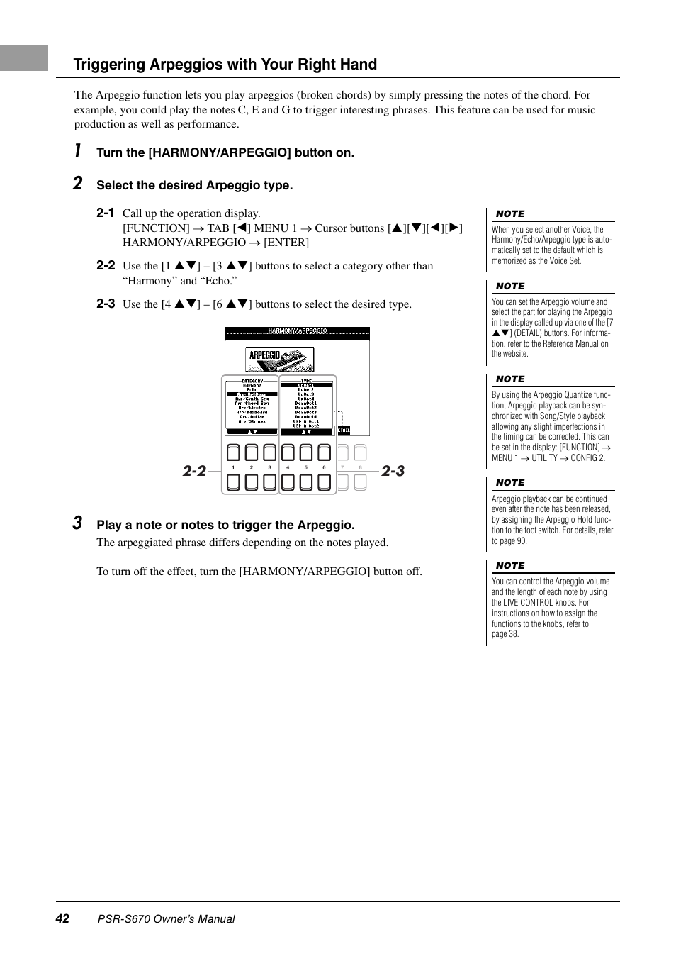 Triggering arpeggios with your right hand | Yamaha PSR-S670 User Manual | Page 42 / 108