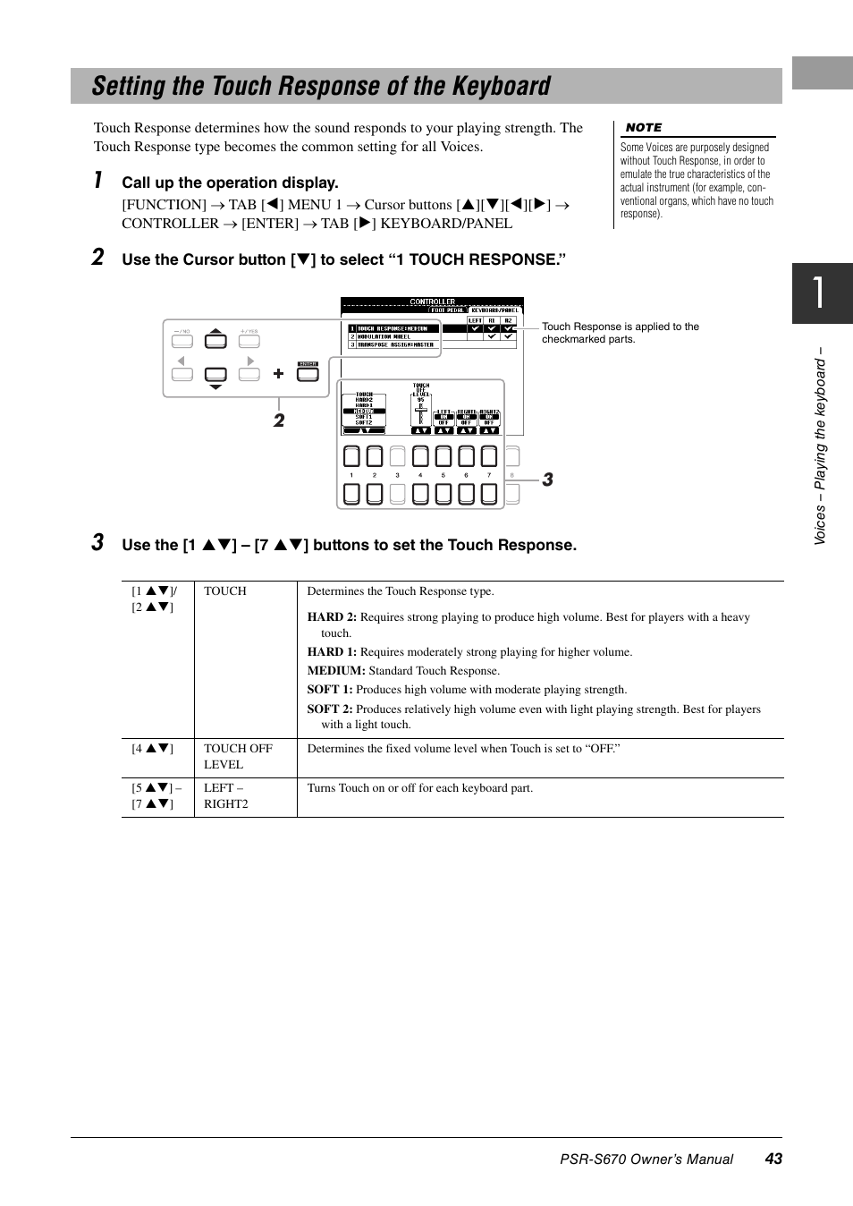 Setting the touch response of the keyboard | Yamaha PSR-S670 User Manual | Page 43 / 108