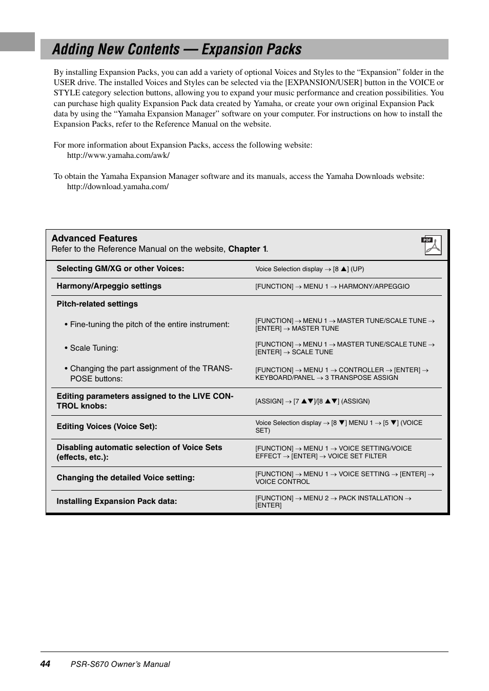 Adding new contents — expansion packs | Yamaha PSR-S670 User Manual | Page 44 / 108