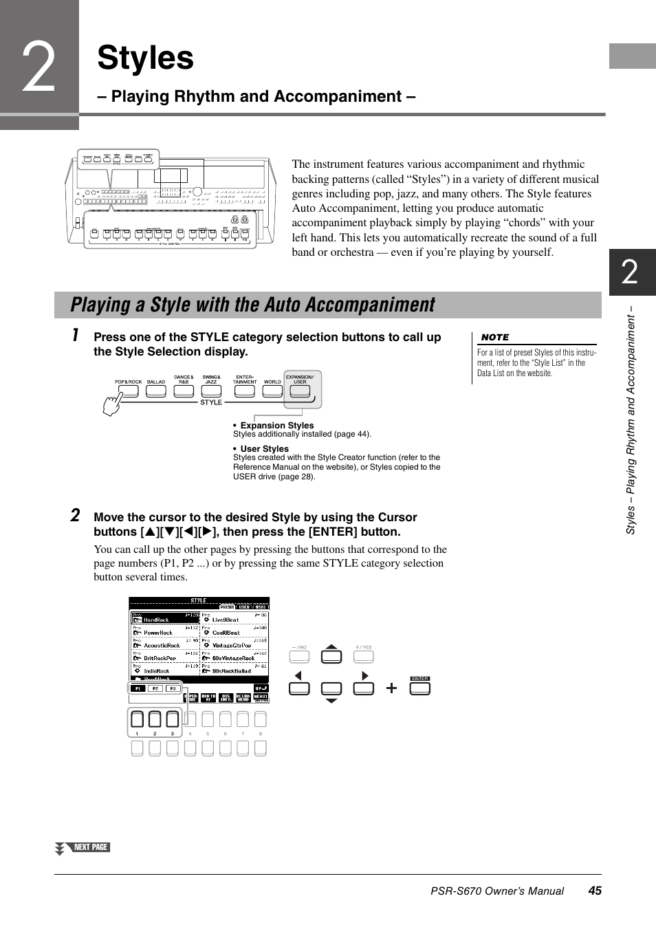 Styles – playing rhythm and accompaniment, Playing a style with the auto accompaniment, Styles | Yamaha PSR-S670 User Manual | Page 45 / 108