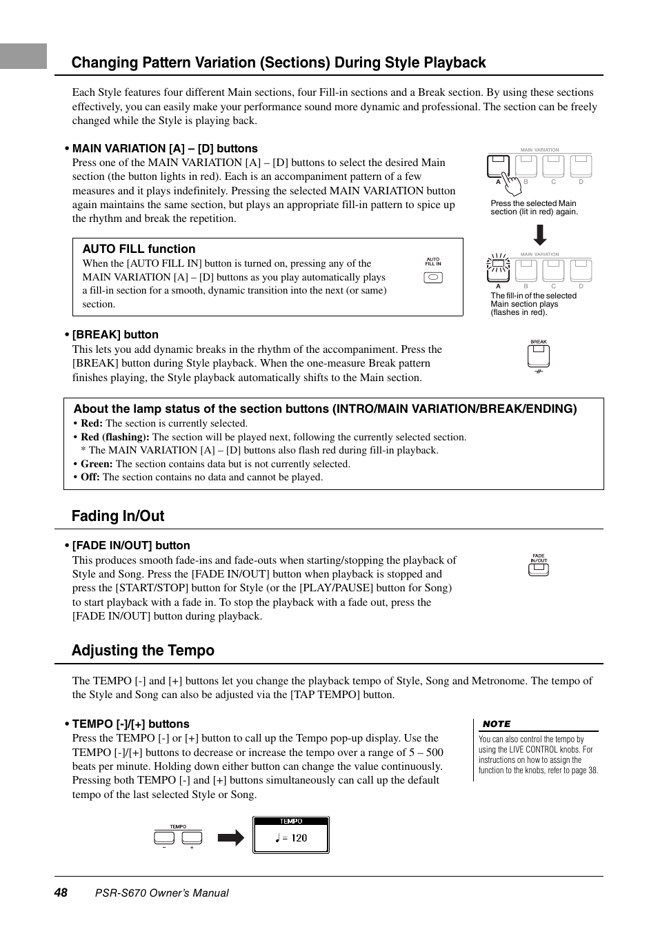 Fading in/out adjusting the tempo | Yamaha PSR-S670 User Manual | Page 48 / 108