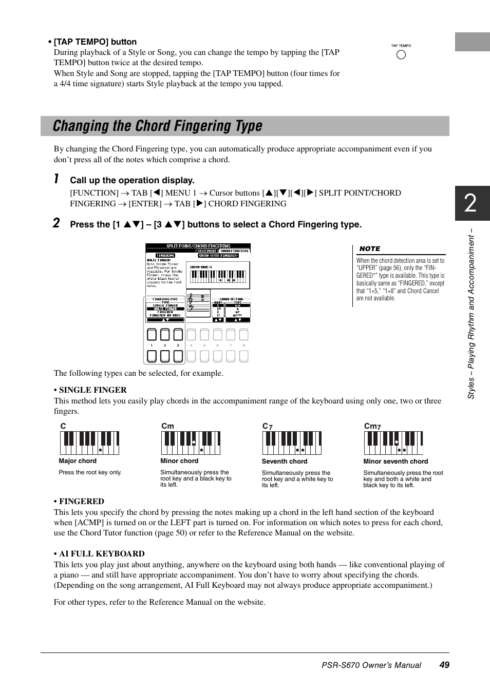 Changing the chord fingering type | Yamaha PSR-S670 User Manual | Page 49 / 108