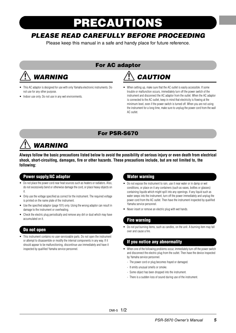 Precautions, Please read carefully before proceeding, Warning | Caution, For ac adaptor, For psr-s670 | Yamaha PSR-S670 User Manual | Page 5 / 108