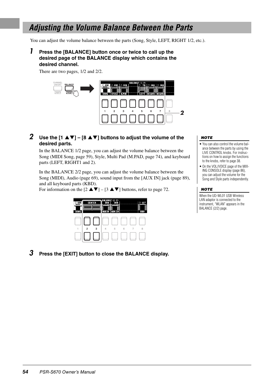 Adjusting the volume balance between the parts | Yamaha PSR-S670 User Manual | Page 54 / 108
