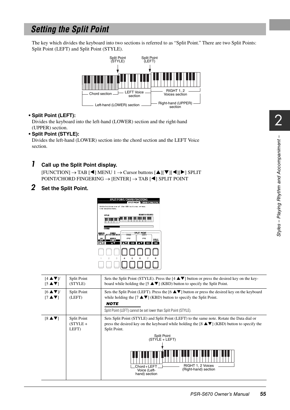 Setting the split point | Yamaha PSR-S670 User Manual | Page 55 / 108