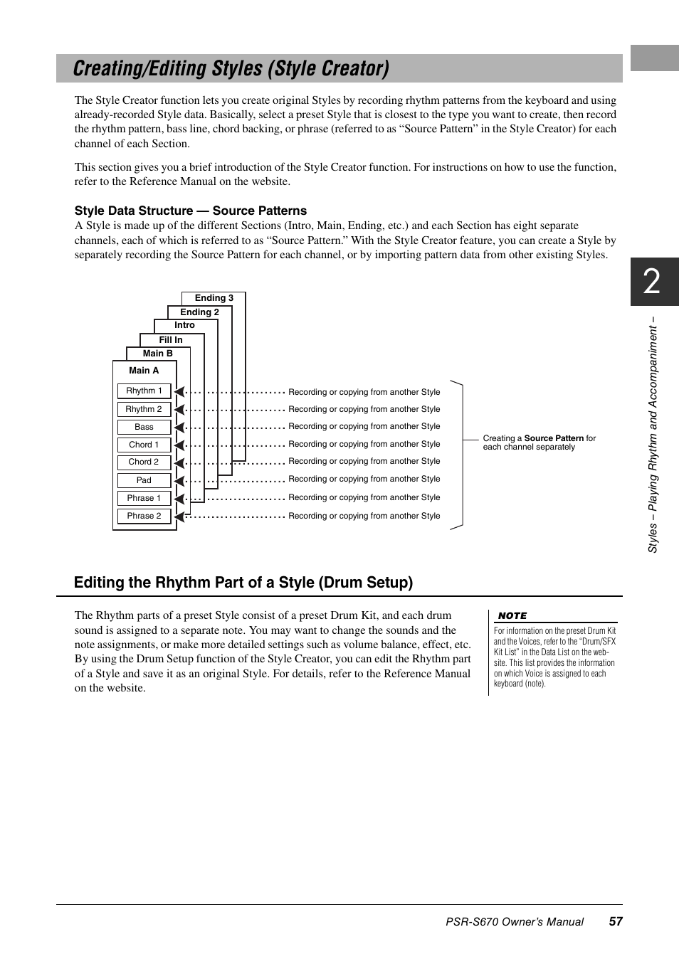 Creating/editing styles (style creator), Editing the rhythm part of a style (drum setup) | Yamaha PSR-S670 User Manual | Page 57 / 108