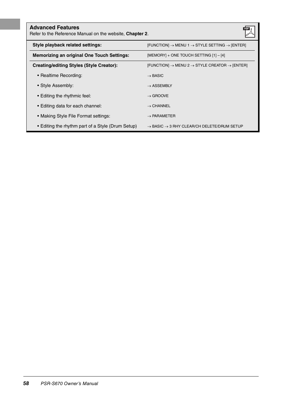 Advanced features | Yamaha PSR-S670 User Manual | Page 58 / 108