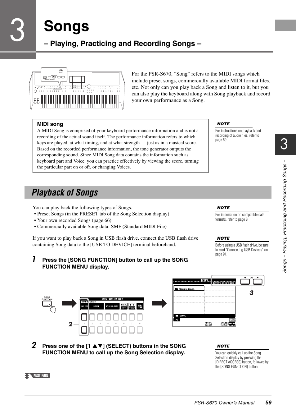 Songs – playing, practicing and recording songs, Playback of songs, Songs | Playing, practicing and recording songs | Yamaha PSR-S670 User Manual | Page 59 / 108