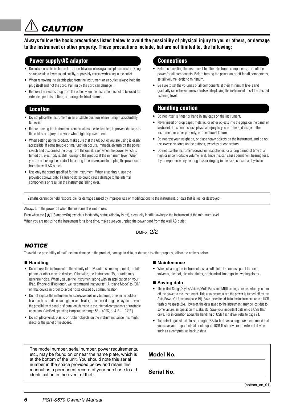 Caution, Model no. serial no, Notice | Yamaha PSR-S670 User Manual | Page 6 / 108