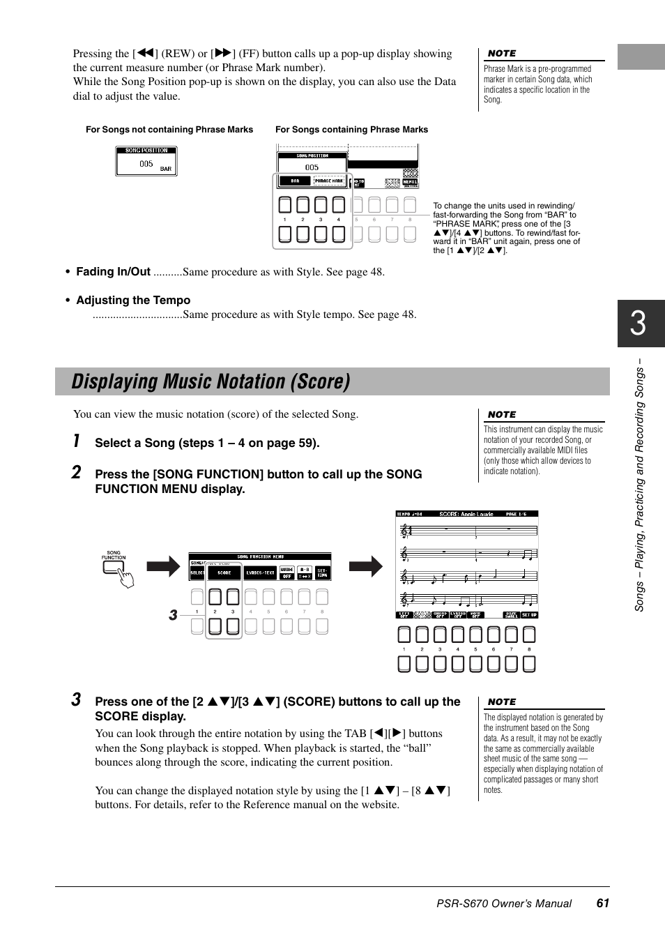 Displaying music notation (score) | Yamaha PSR-S670 User Manual | Page 61 / 108