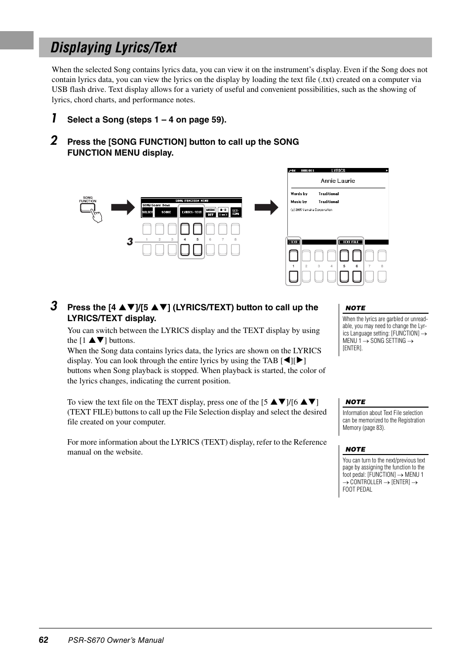 Displaying lyrics/text | Yamaha PSR-S670 User Manual | Page 62 / 108