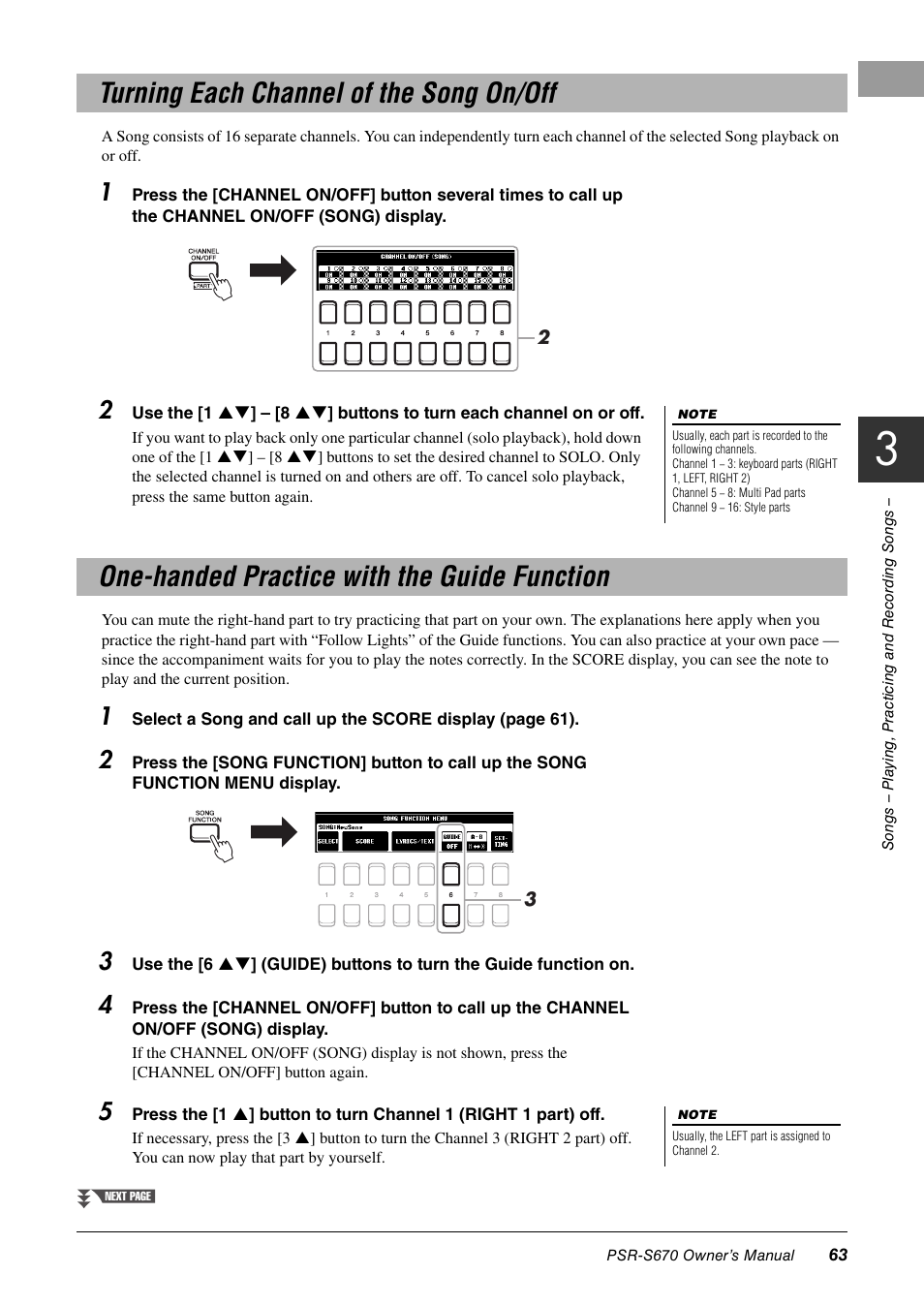 Turning each channel of the song on/off, One-handed practice with the guide function | Yamaha PSR-S670 User Manual | Page 63 / 108