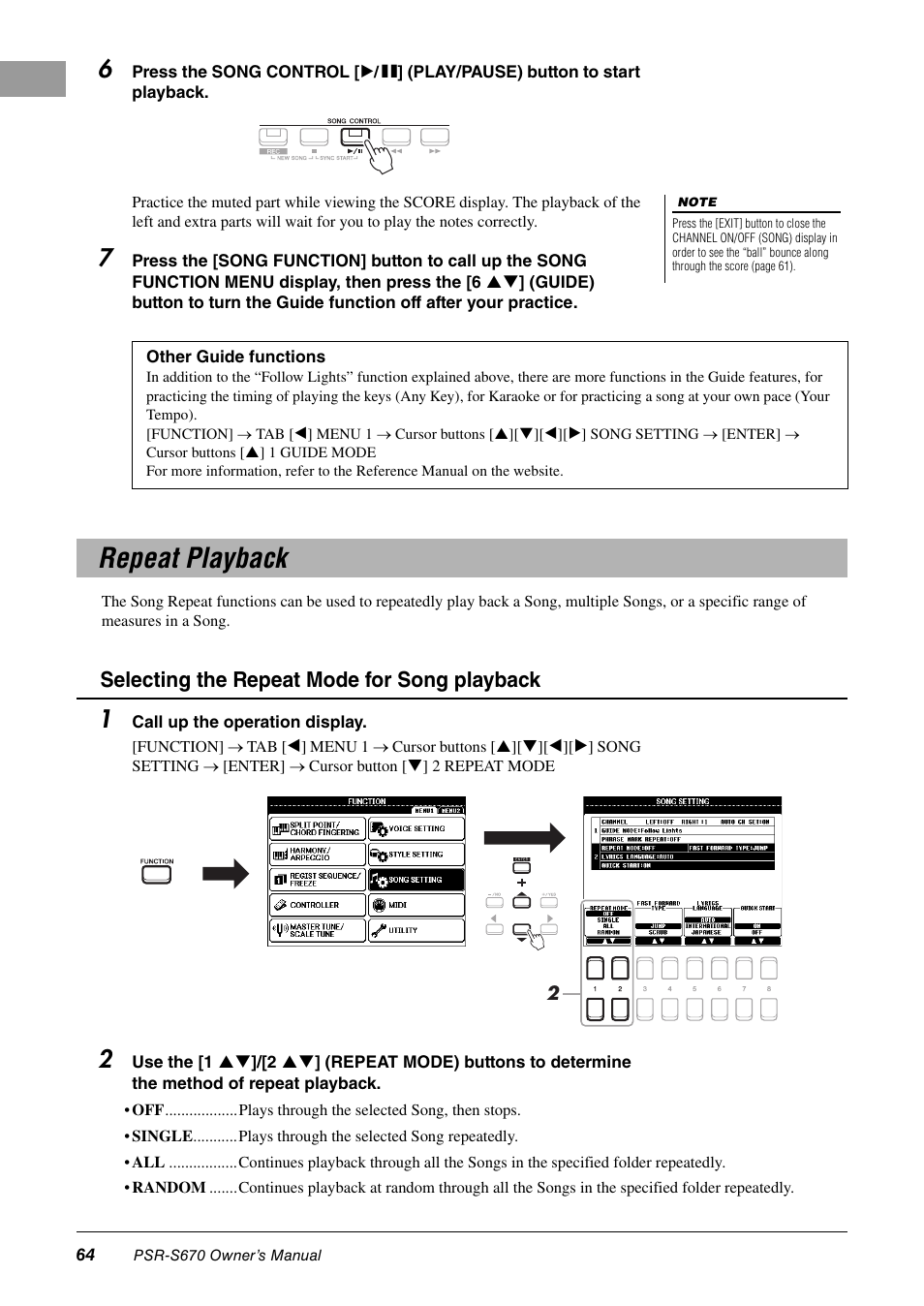 Repeat playback, Selecting the repeat mode for song playback | Yamaha PSR-S670 User Manual | Page 64 / 108