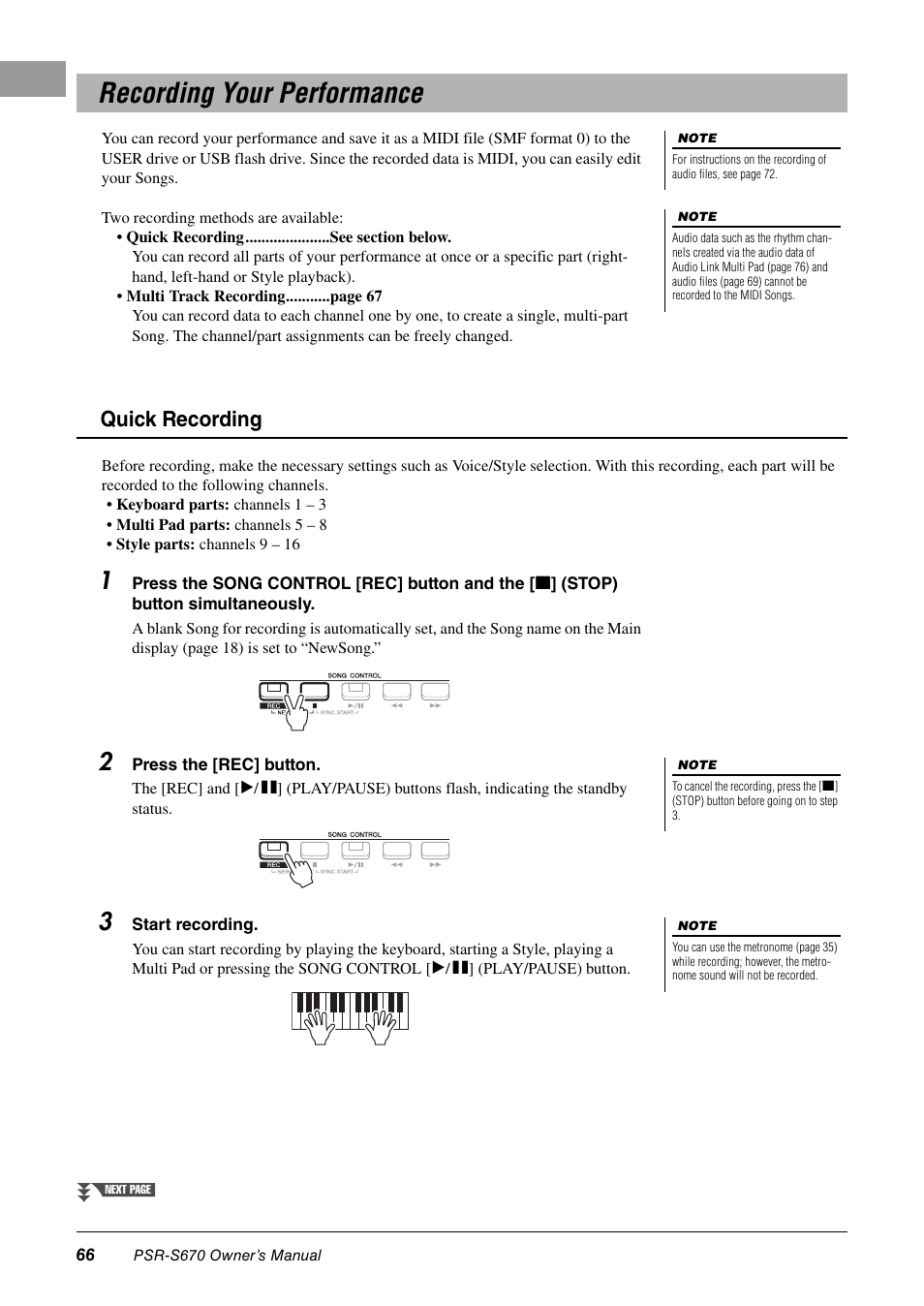 Recording your performance, Quick recording | Yamaha PSR-S670 User Manual | Page 66 / 108