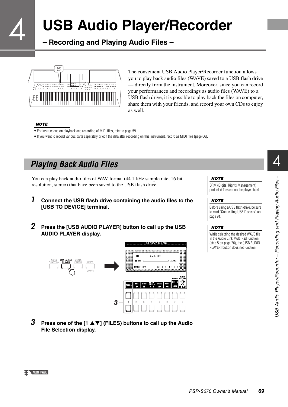 Playing back audio files, Usb audio player/recorder, Recording and playing audio files | Yamaha PSR-S670 User Manual | Page 69 / 108