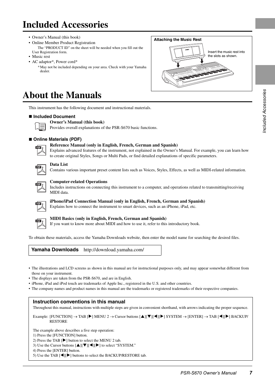 Included accessories, About the manuals | Yamaha PSR-S670 User Manual | Page 7 / 108