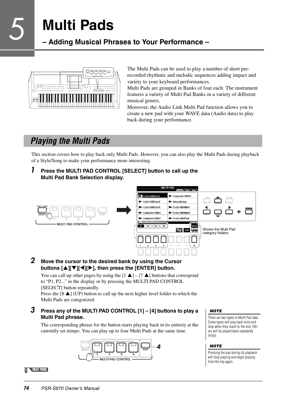 Playing the multi pads, Multi pads | Yamaha PSR-S670 User Manual | Page 74 / 108