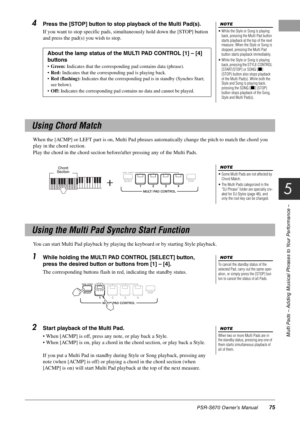 Using chord match, Using the multi pad synchro start function | Yamaha PSR-S670 User Manual | Page 75 / 108