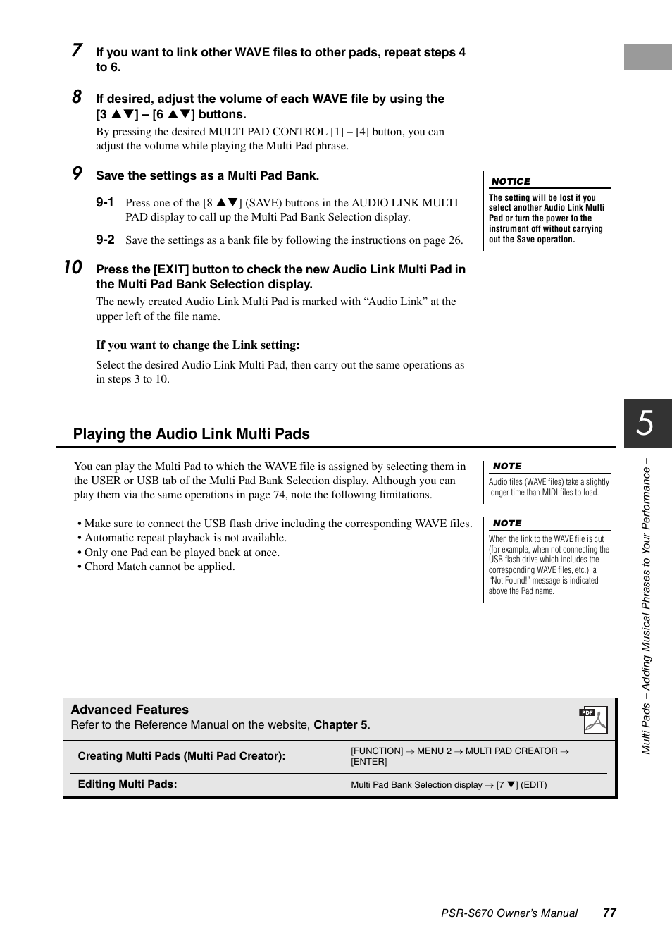 Playing the audio link multi pads | Yamaha PSR-S670 User Manual | Page 77 / 108