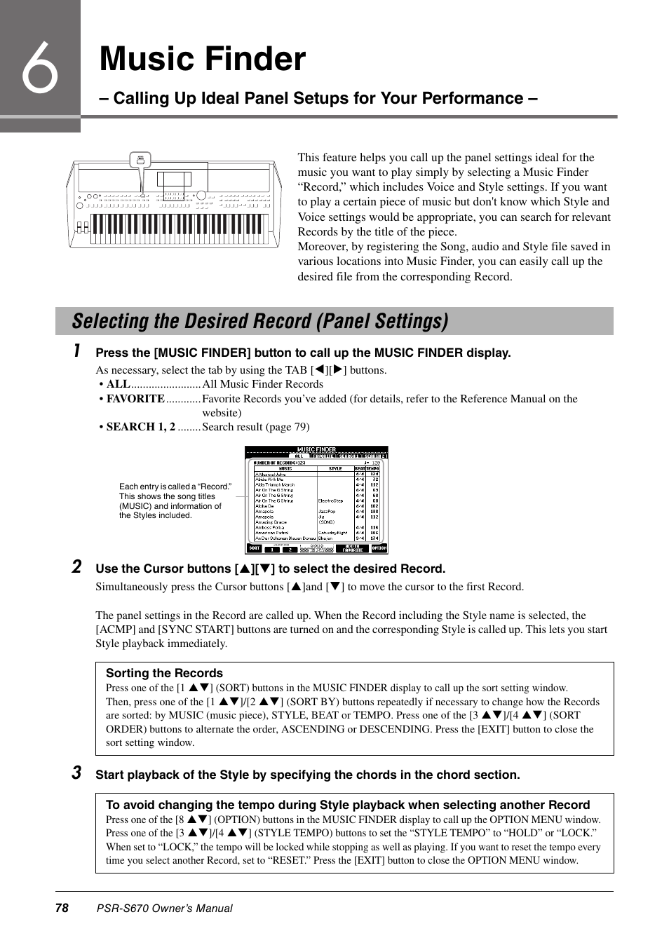 Selecting the desired record (panel settings), Music finder | Yamaha PSR-S670 User Manual | Page 78 / 108
