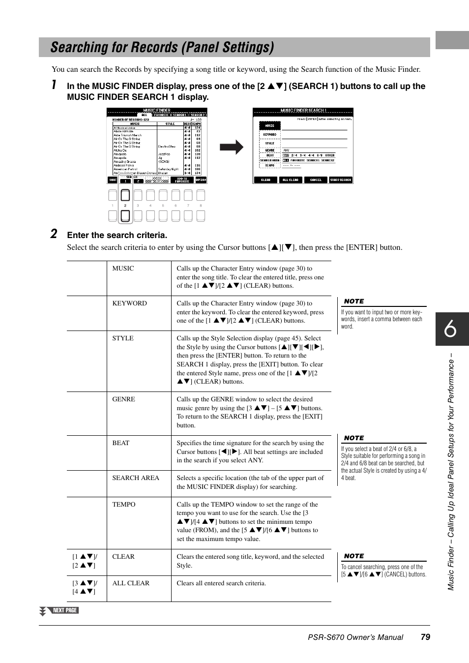 Searching for records (panel settings) | Yamaha PSR-S670 User Manual | Page 79 / 108