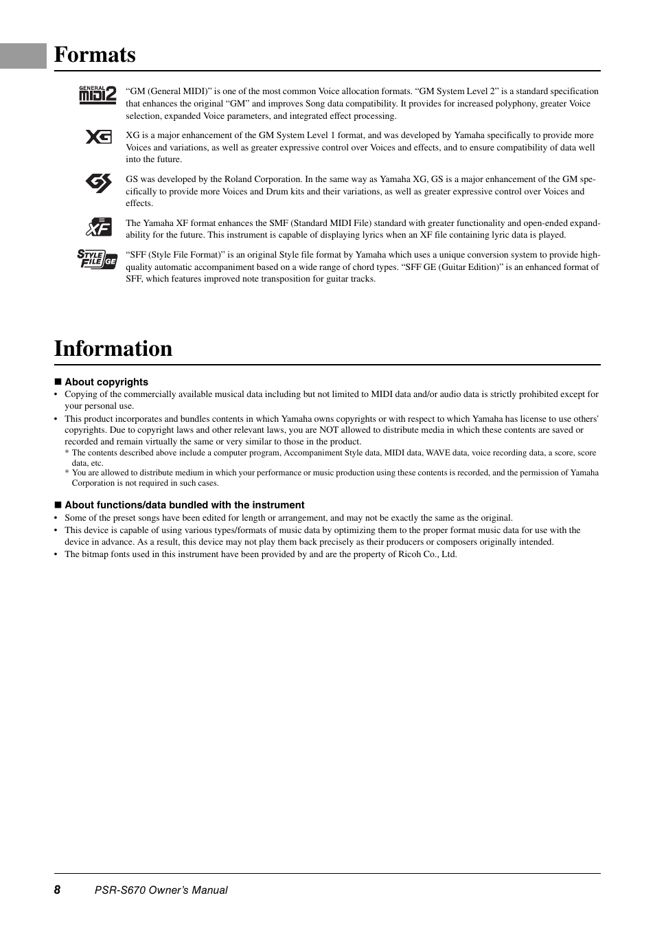 Formats, Information | Yamaha PSR-S670 User Manual | Page 8 / 108