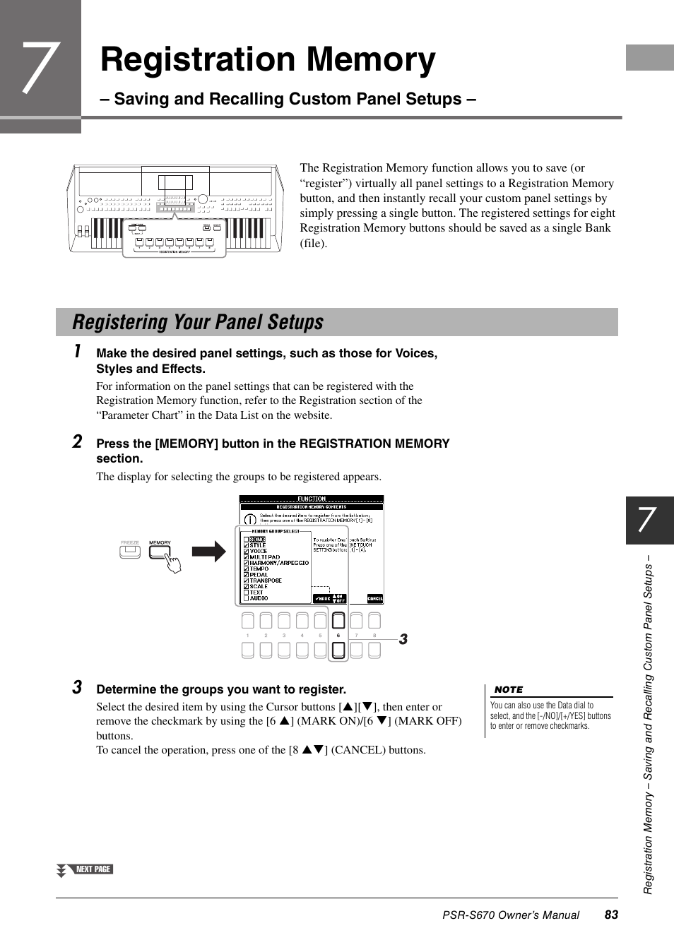 Registering your panel setups, Saving and recalling custom panel setups | Yamaha PSR-S670 User Manual | Page 83 / 108