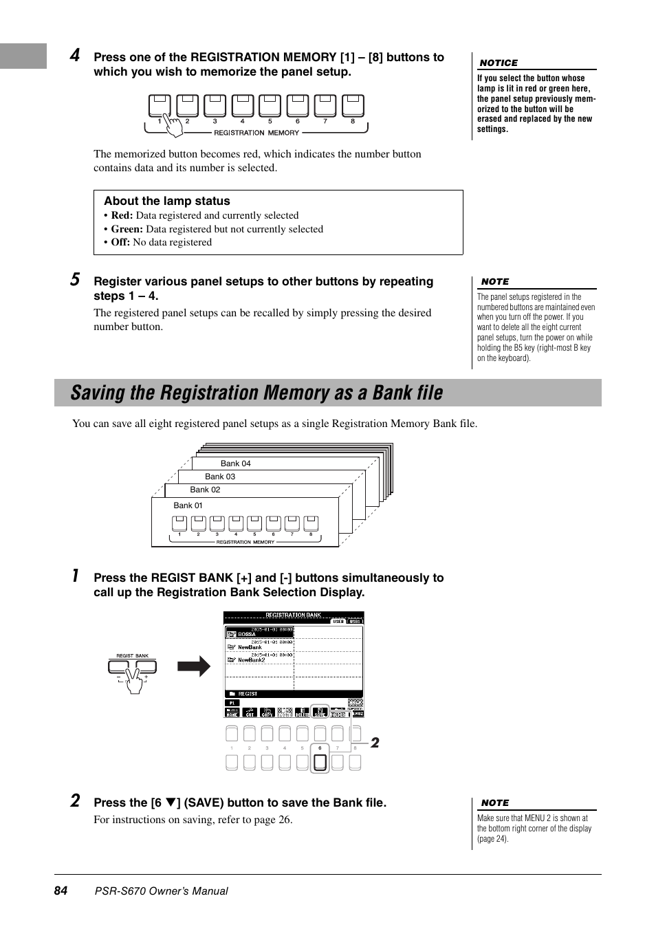 Saving the registration memory as a bank file | Yamaha PSR-S670 User Manual | Page 84 / 108