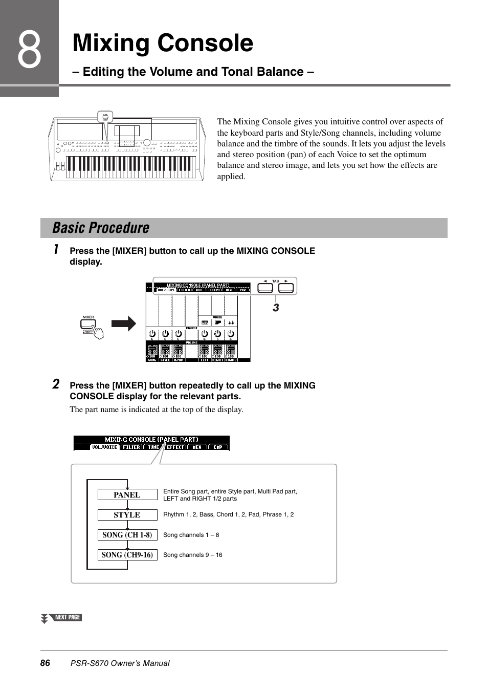 Basic procedure, Mixing console | Yamaha PSR-S670 User Manual | Page 86 / 108