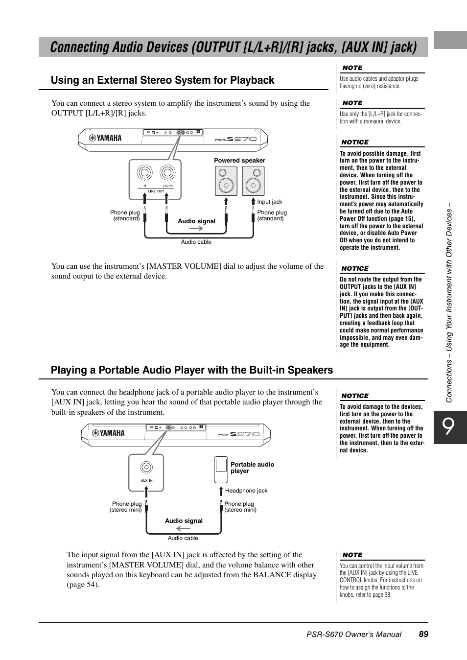 Using an external stereo system for playback | Yamaha PSR-S670 User Manual | Page 89 / 108