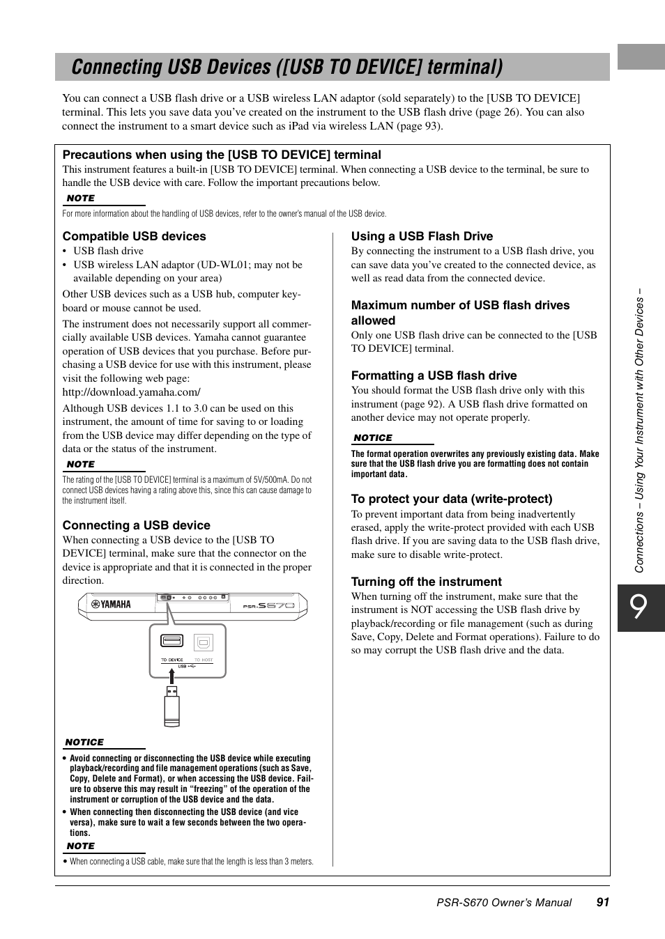 Connecting usb devices ([usb to device] terminal) | Yamaha PSR-S670 User Manual | Page 91 / 108