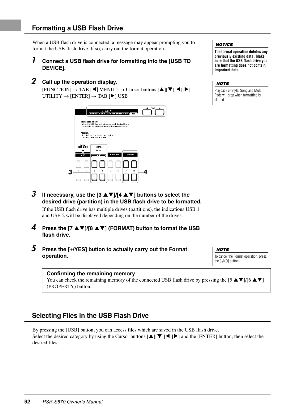 Formatting a usb flash drive, Selecting files in the usb flash drive | Yamaha PSR-S670 User Manual | Page 92 / 108