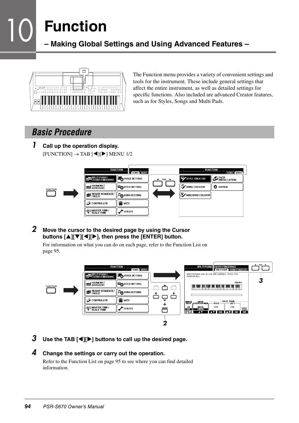 Basic procedure, 10 function – making global settings and, Using advanced features | Function | Yamaha PSR-S670 User Manual | Page 94 / 108