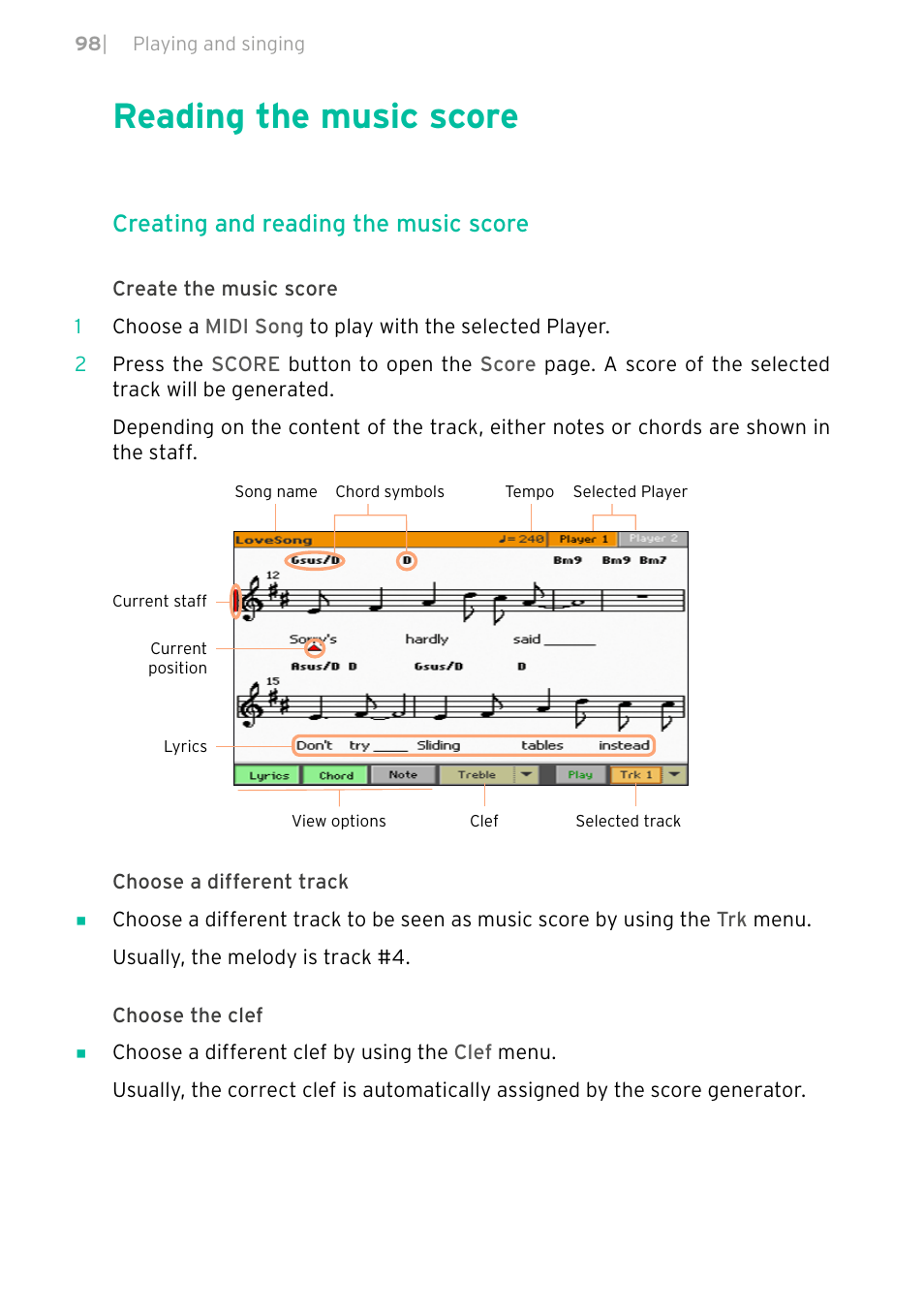 Reading the music score, Creating and reading the music score | KORG PA4X 76 User Manual | Page 102 / 1074