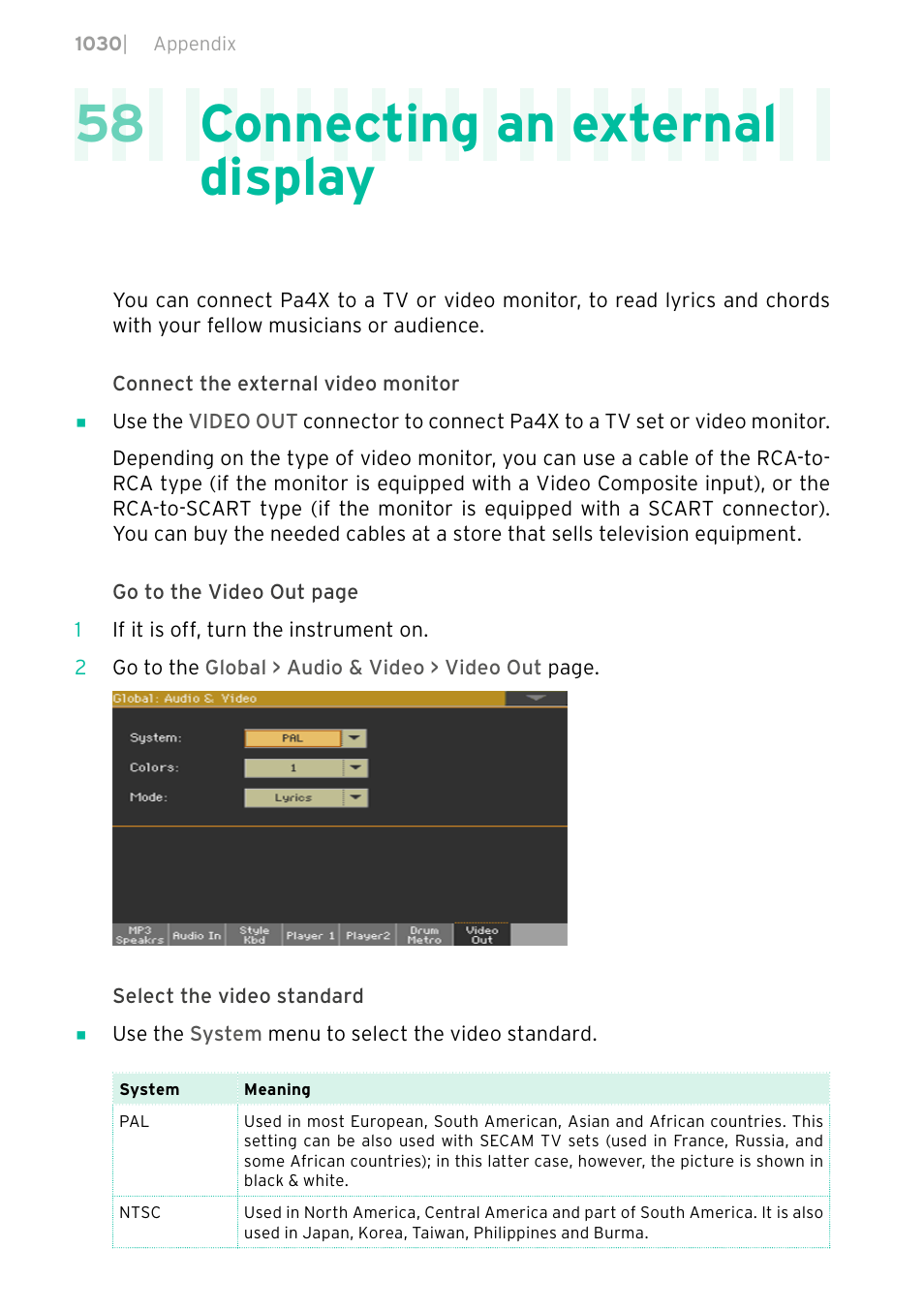 Connecting an external display, 58 connecting an external display | KORG PA4X 76 User Manual | Page 1034 / 1074