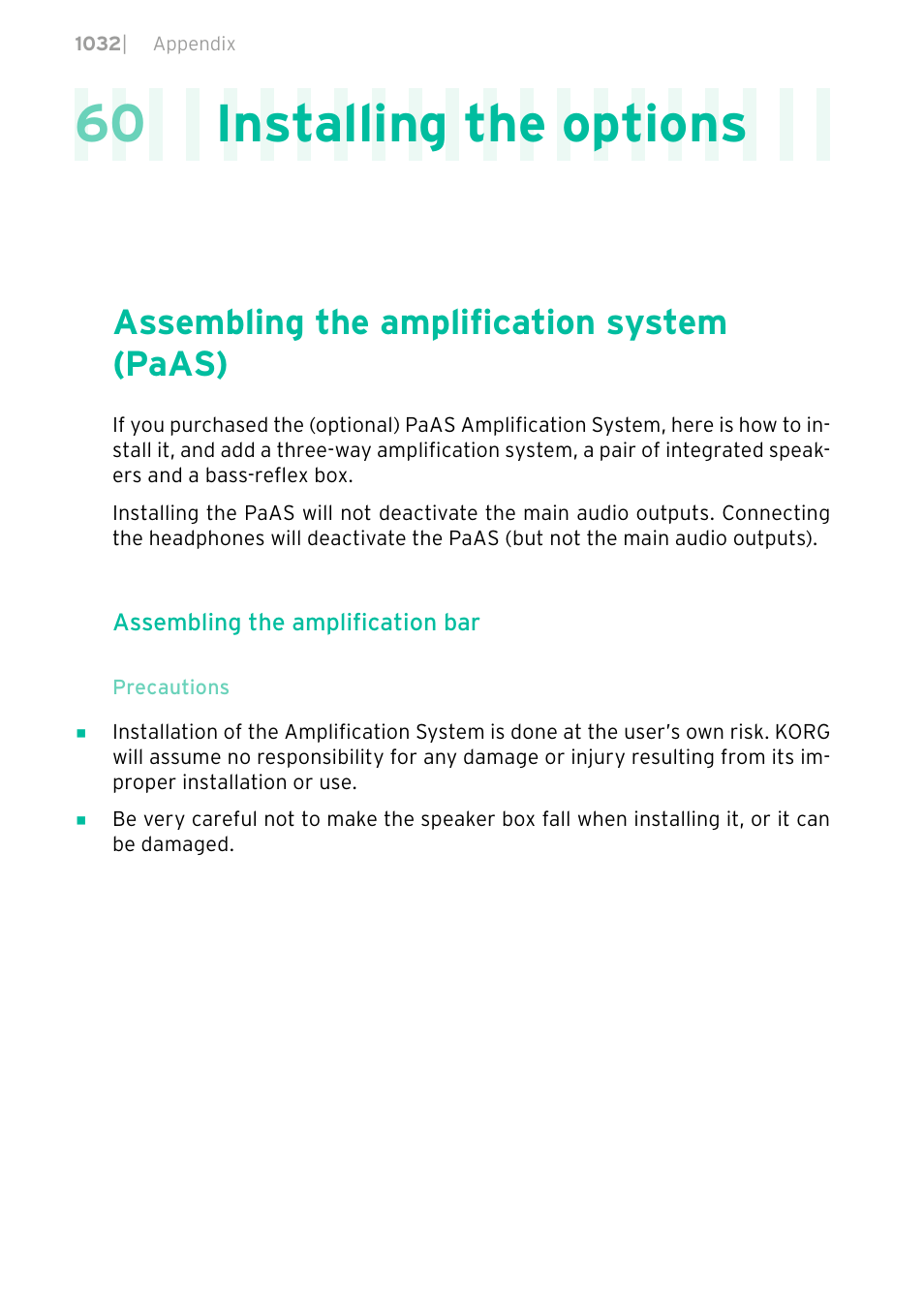 Installing the options, Assembling the amplification system (paas), 1032 assembling the amplification system (paas) | 60 installing the options | KORG PA4X 76 User Manual | Page 1036 / 1074