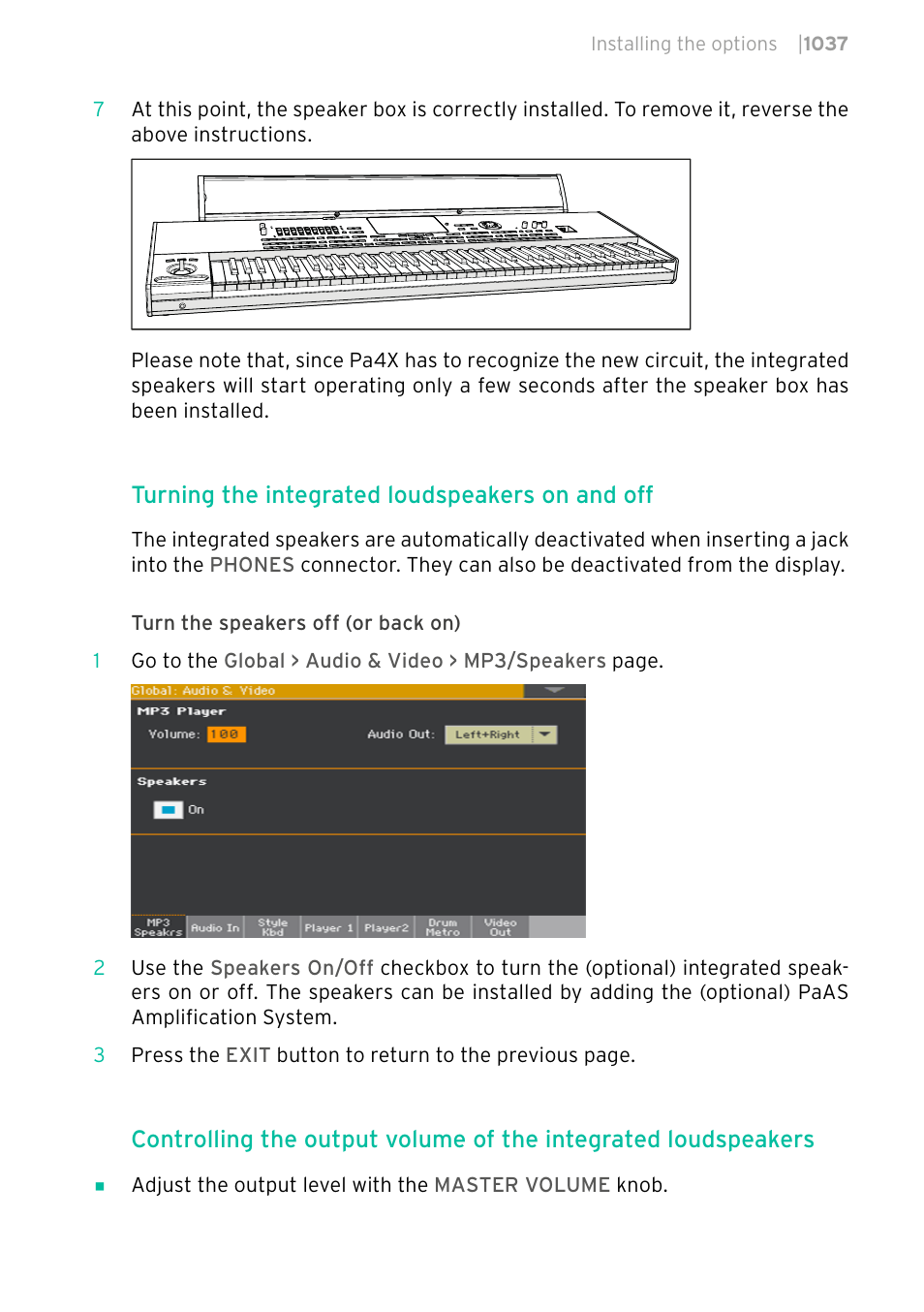 Turning the integrated loudspeakers on and off | KORG PA4X 76 User Manual | Page 1041 / 1074