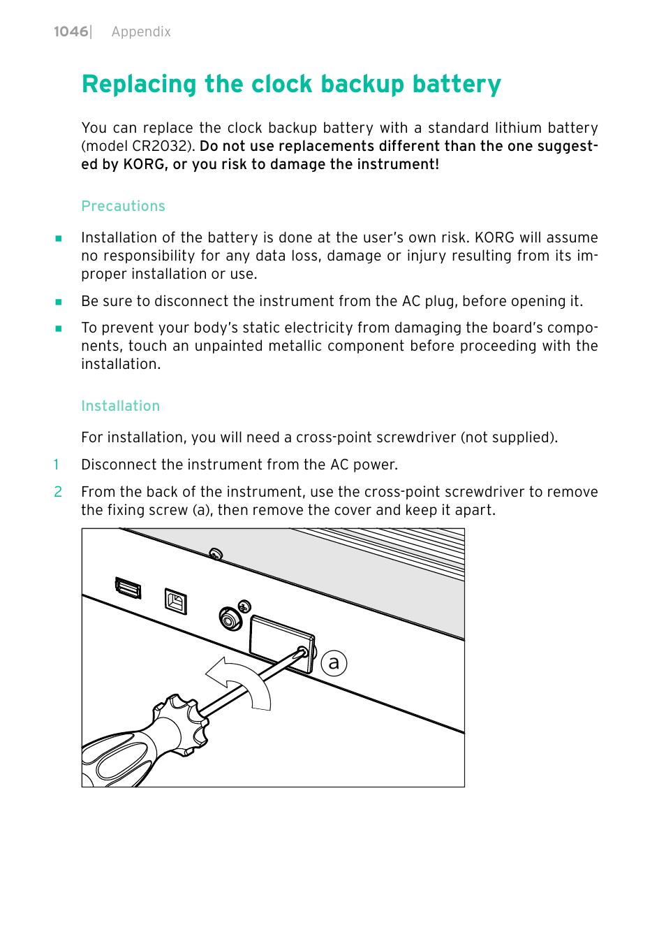 Replacing the clock backup battery, 1046 replacing the clock backup battery | KORG PA4X 76 User Manual | Page 1050 / 1074