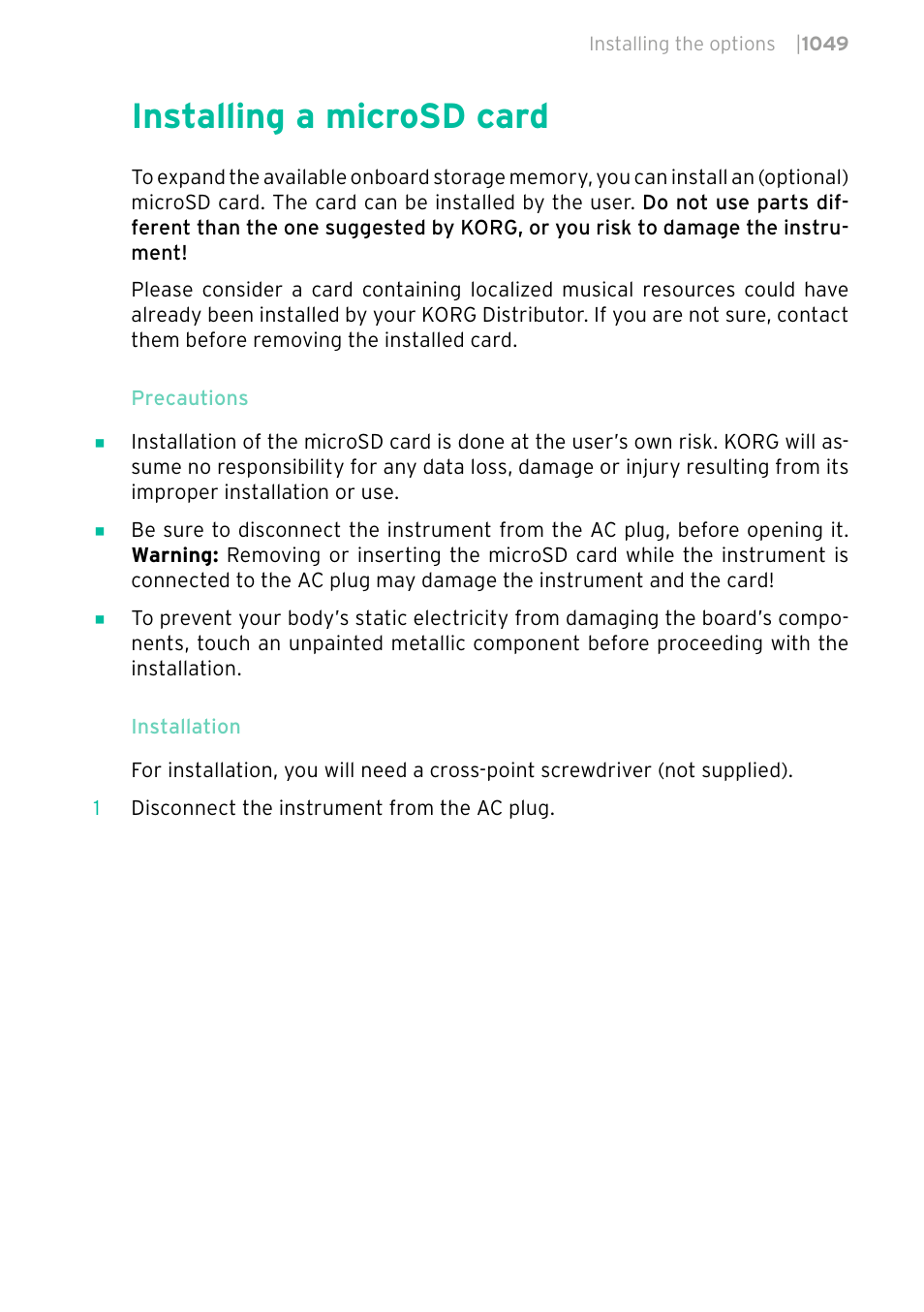 Installing a microsd card, 1049 installing a microsd card | KORG PA4X 76 User Manual | Page 1053 / 1074