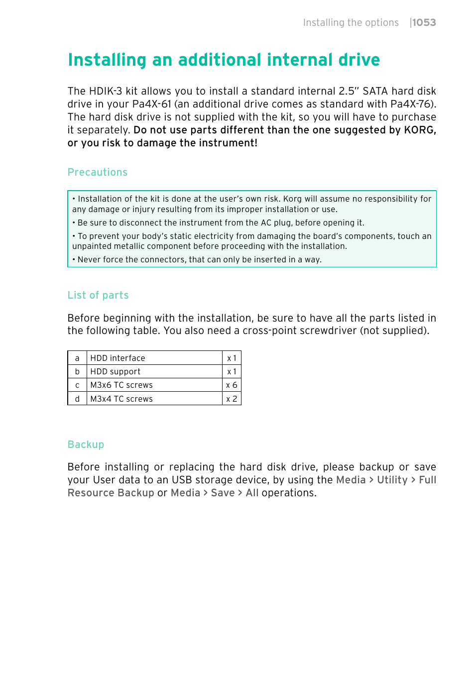 Installing an additional internal drive, 1053 installing an additional internal drive | KORG PA4X 76 User Manual | Page 1057 / 1074