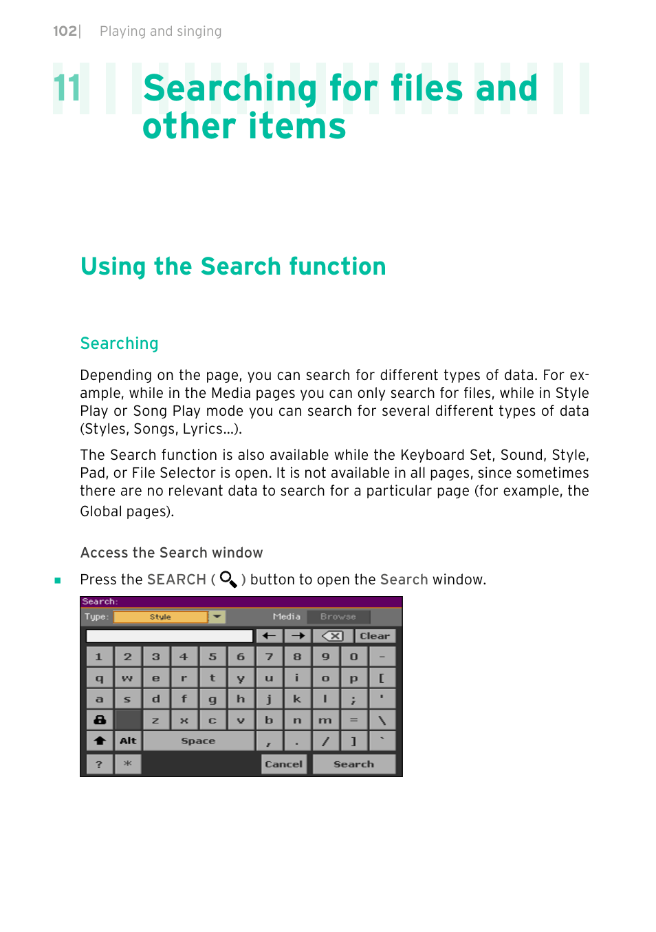 Searching for files and other items, Using the search function, 11 searching for files and other items | KORG PA4X 76 User Manual | Page 106 / 1074