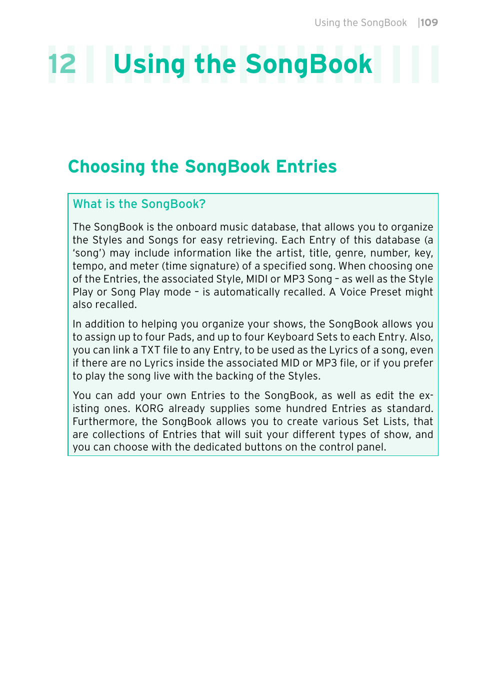 Using the songbook, Choosing the songbook entries, 12 using the songbook | KORG PA4X 76 User Manual | Page 113 / 1074