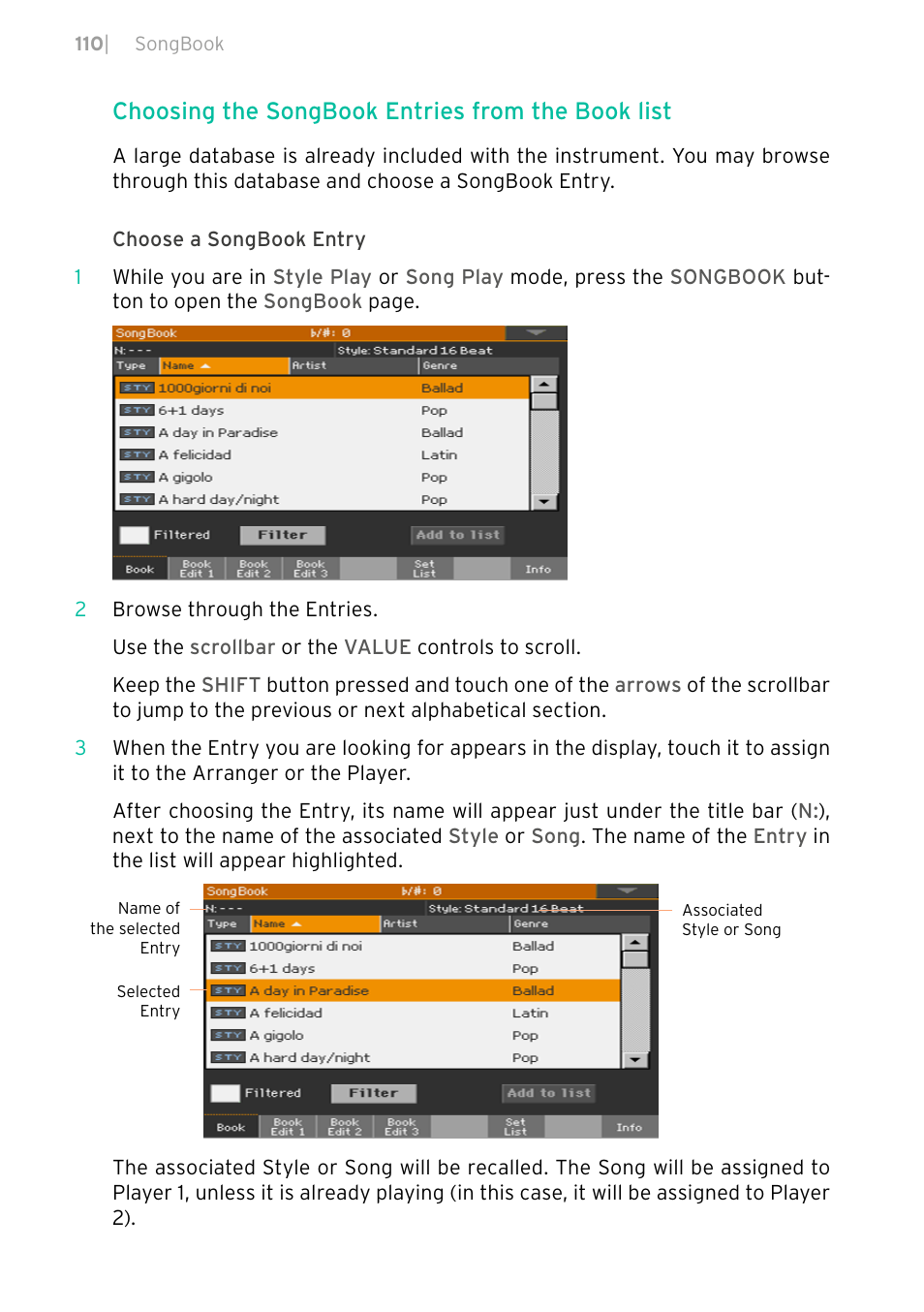 Choosing the songbook entries from the book list | KORG PA4X 76 User Manual | Page 114 / 1074