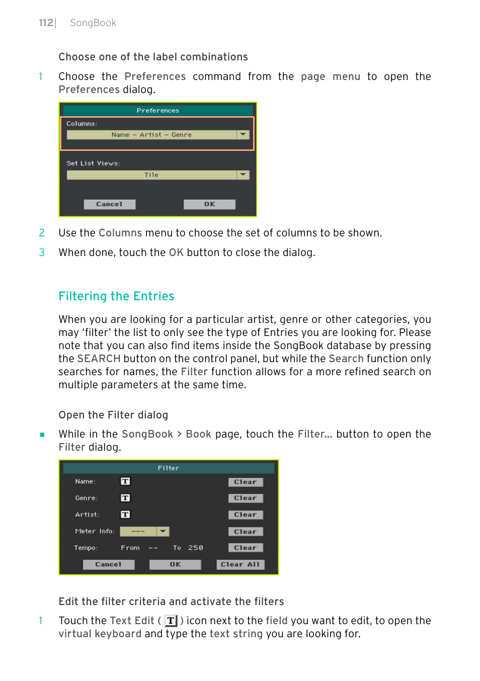 Filtering the entries | KORG PA4X 76 User Manual | Page 116 / 1074