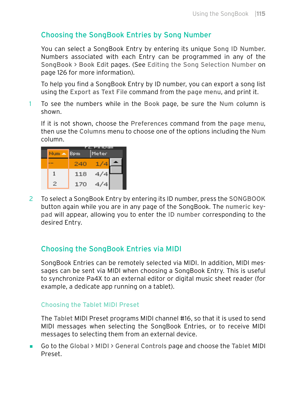 Choosing the songbook entries by song number, Choosing the songbook entries via midi | KORG PA4X 76 User Manual | Page 119 / 1074