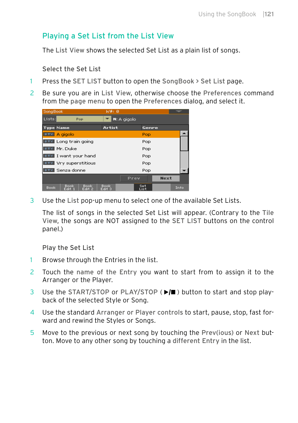 Playing a set list from the list view | KORG PA4X 76 User Manual | Page 125 / 1074