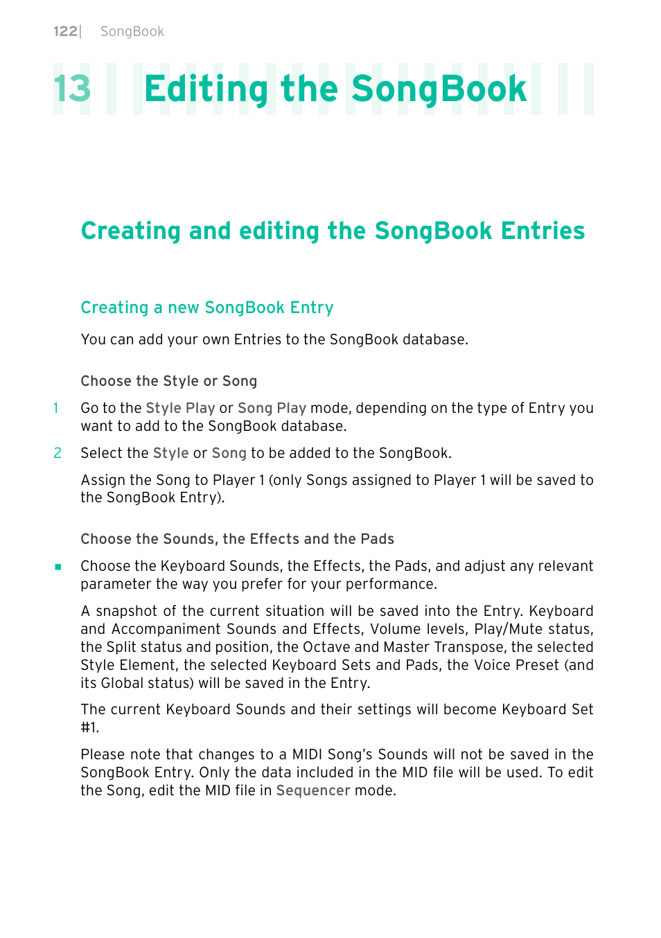 Editing the songbook, Creating and editing the songbook entries, 13 editing the songbook | KORG PA4X 76 User Manual | Page 126 / 1074