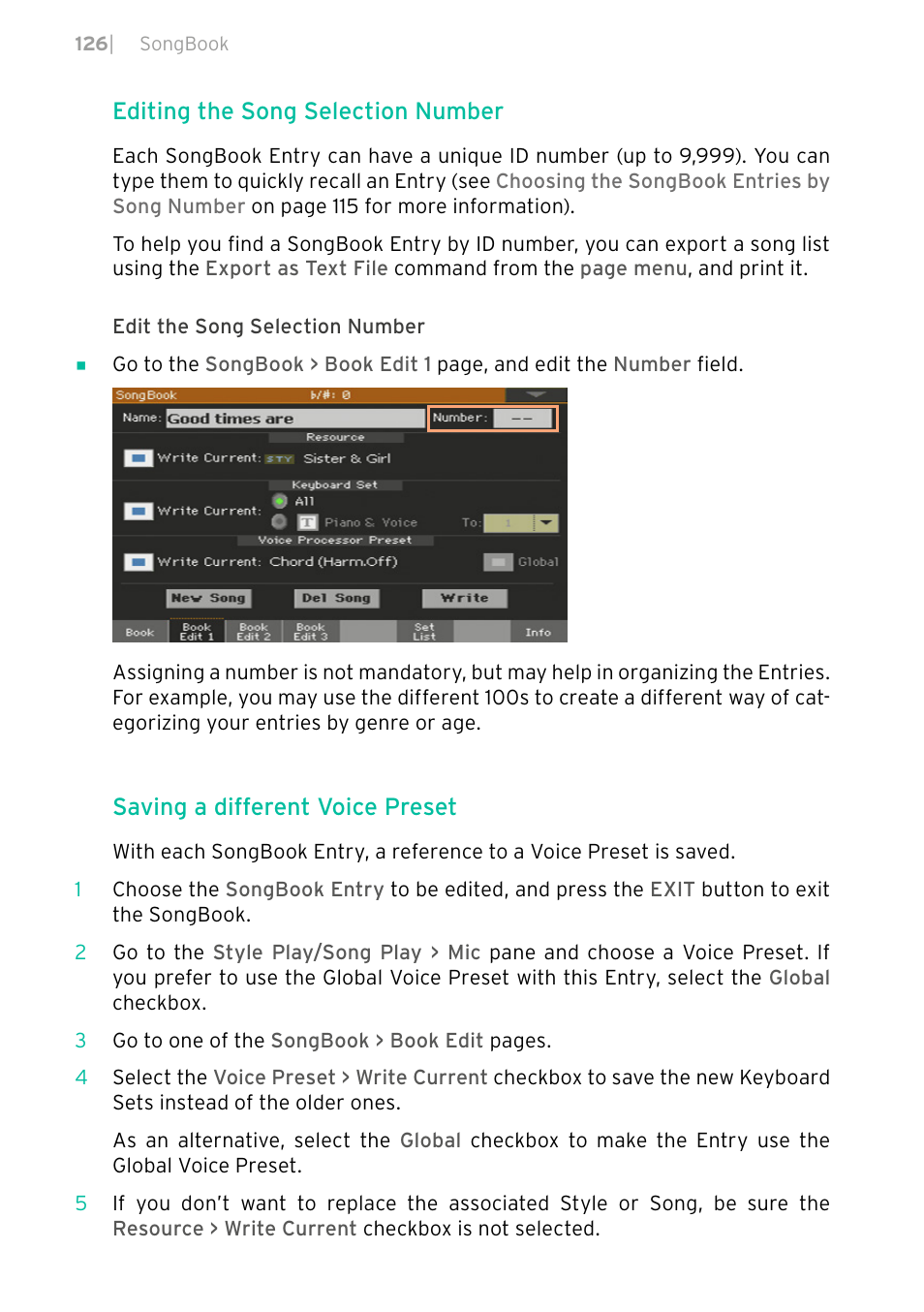 Editing the song selection number, Saving a different voice preset | KORG PA4X 76 User Manual | Page 130 / 1074